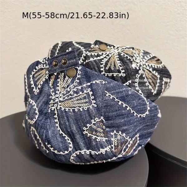 Newness Midnight Bloom Embroidered Beret in blue and black floral denim with golden accents. Lightweight, stylish, and perfect for streetwear.
