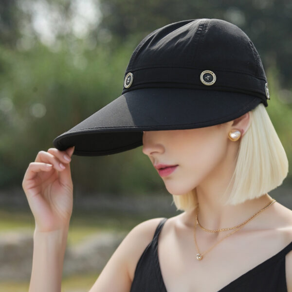 Women'S Detachable Wide Brim Sun Hat - Stylish Black Summer Cap with Button Accents, Lightweight & Breathable for Outdoor Activities, Beach, and Garden Parties, Beach Ha