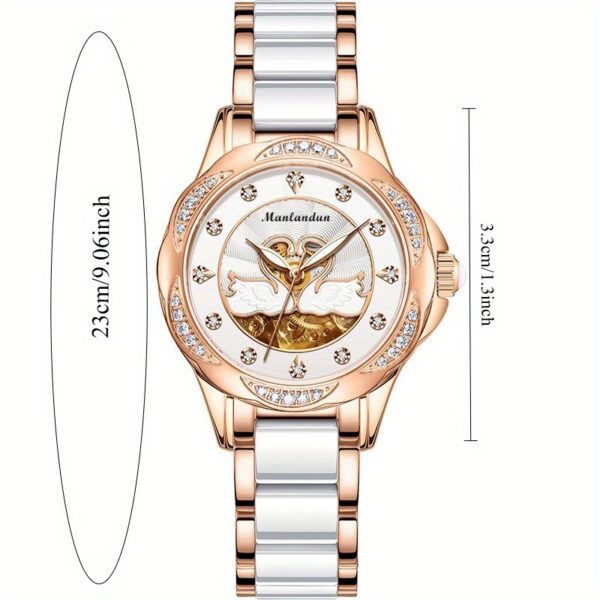 Newness Celestial Swan Rose Gold Quartz Watch with luminous hands and stainless steel band.