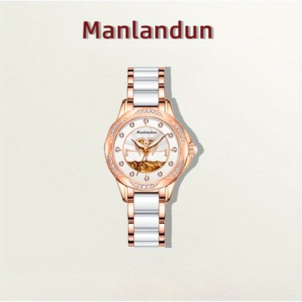 Newness Celestial Swan Rose Gold Quartz Watch with luminous hands and stainless steel band.