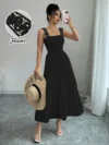 Effortlessly chic Newness Summer Solstice Lace Trim Midi Dress perfect for summer soirées and vacations Model wears a midi length dress with delicate lace trim