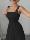 Effortlessly chic Newness Summer Solstice Lace Trim Midi Dress perfect for summer soirées and vacations Model wears a midi length dress with delicate lace trim