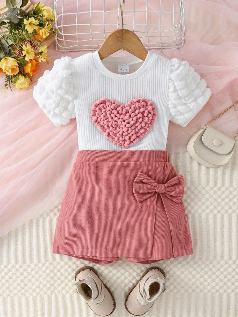 Adorable Newness Darling Heart Shorts Set in pink and white, perfect for summer. A little girl smiles while wearing the matching shorts and top set.