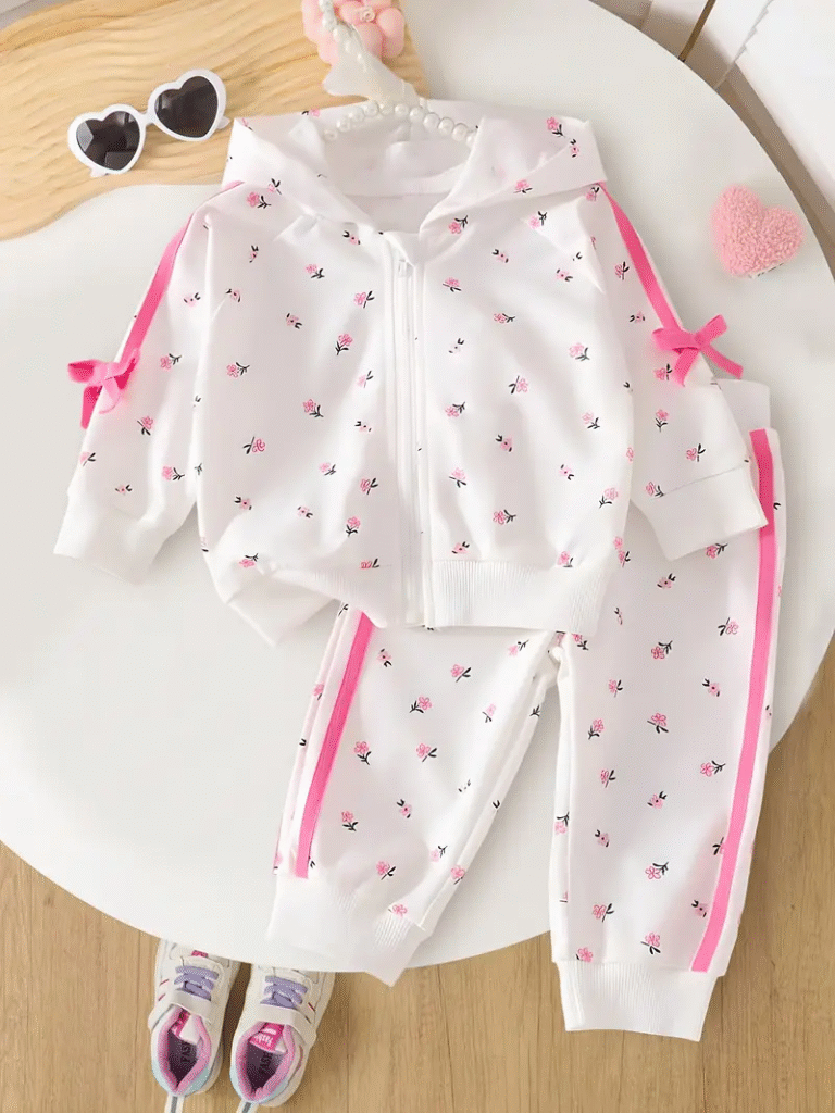 Adorable baby girl wearing the Newness Darling Blossom Floral Print Set, a charming floral outfit perfect for playtime. Soft, breathable polyester ensures all-day comfort.