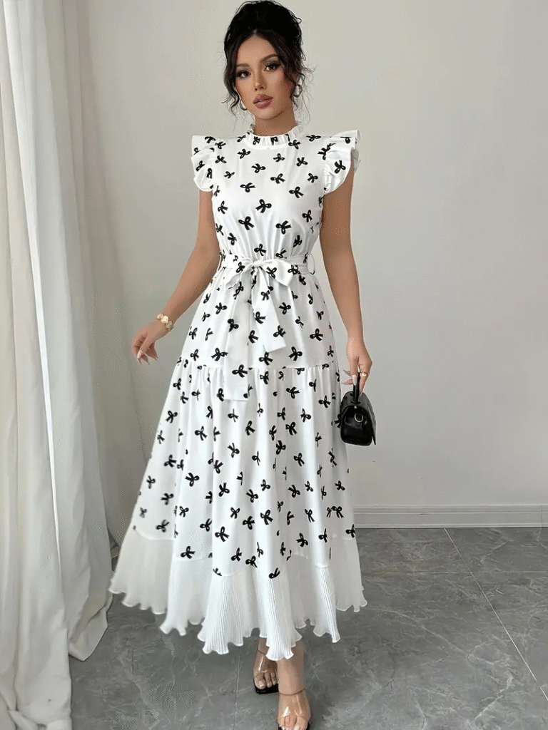 Model wearing a chic butterfly print dress, perfect for summer. The dress is made of lightweight polyester and floats beautifully.