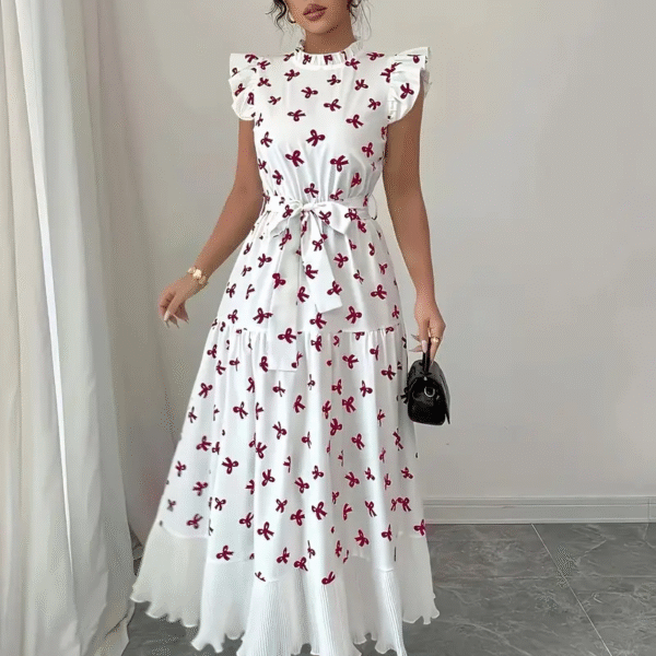 Model wearing a chic butterfly print dress, perfect for summer. The dress is made of lightweight polyester and floats beautifully.