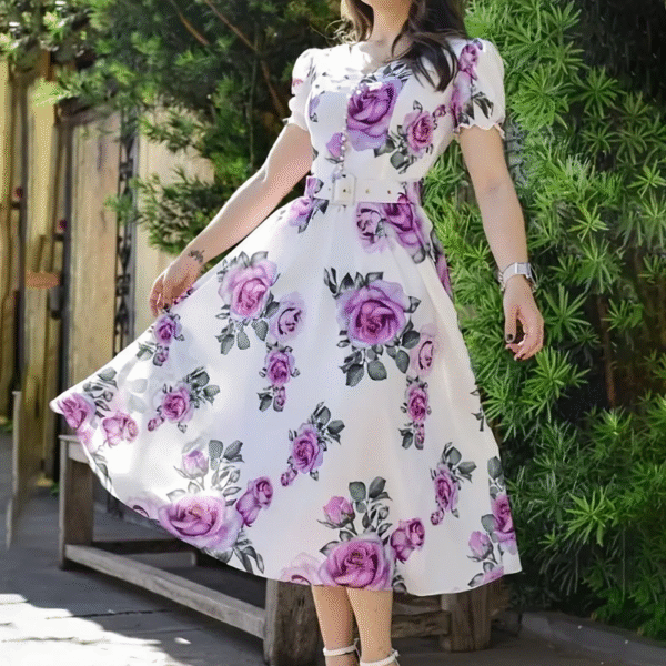 Model wearing a chic floral print summer dress showcasing its effortless style and comfort