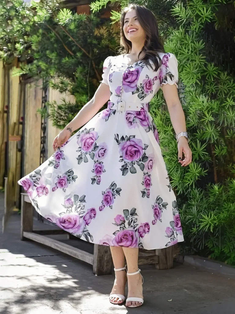 Model wearing a chic, floral print summer dress, showcasing its effortless style and comfort.