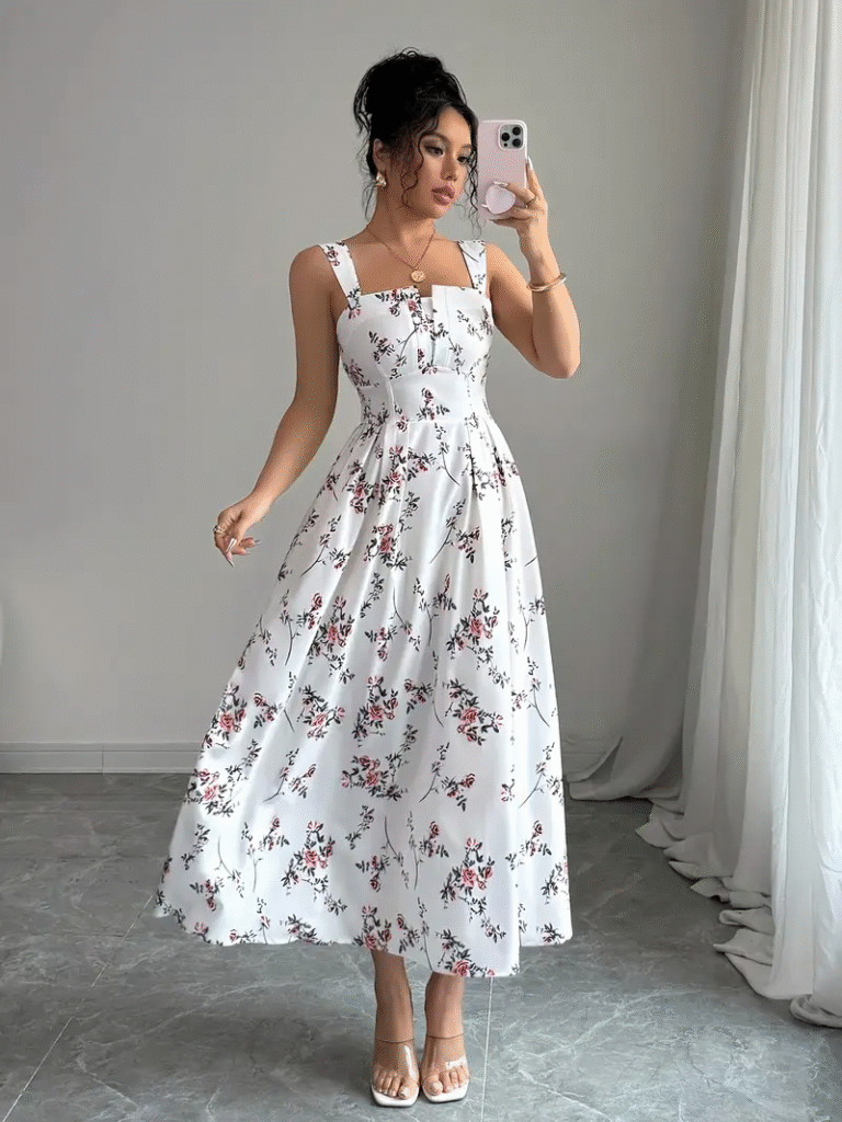 Model wearing a beautiful summer floral print dress, perfect for any occasion.