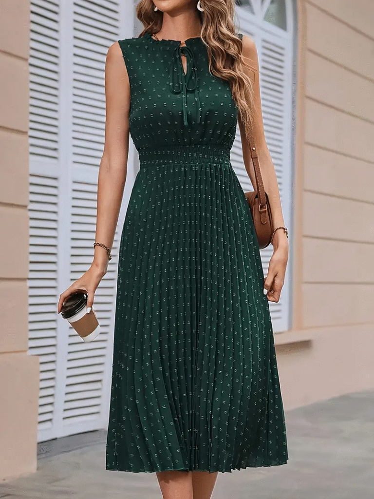 Emerald Elegance Pleated Midi Dress by Newness. A chic, flowy emerald green midi dress with pleats, perfect for any occasion.