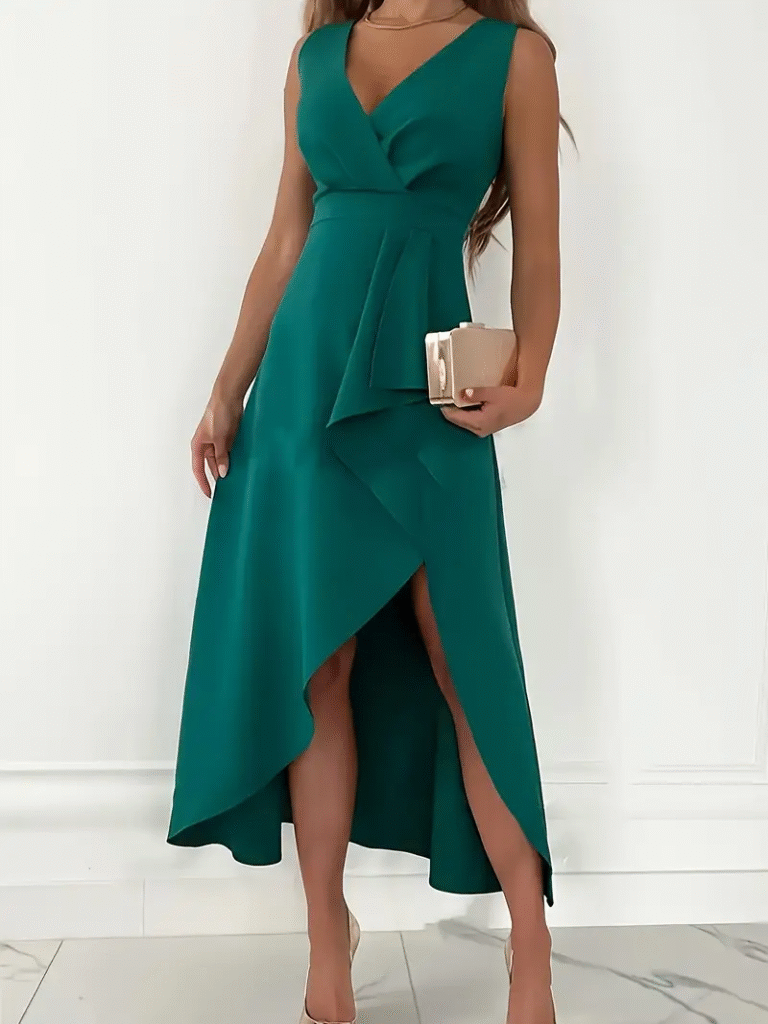 Model wearing Newness' Emerald Isle teal green party dress, showcasing its flattering fit and sophisticated style.
