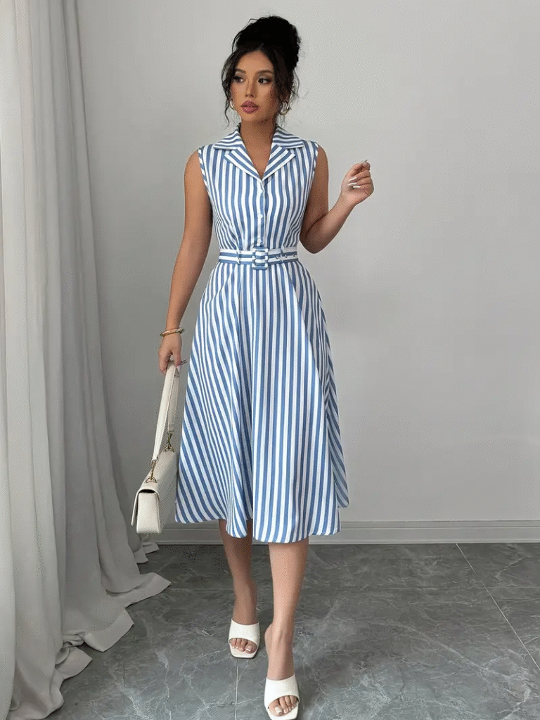 Effortlessly chic Newness Azure Breeze Striped Midi Dress in a flattering fit and flare silhouette, perfect for spring and summer.
