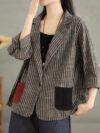 City Chic Striped Blazer Jacket with Color Block Pockets A stylish striped blazer in a relaxed fit perfect for spring and fall featuring trendy color block pockets