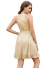 Beige sequin halter neck dress fitted silhouette perfect for weddings and parties