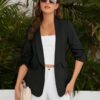 City Chic Black Stretch Blazer with Crinkle Sleeve A versatile loose fitting black blazer perfect for work or casual wear Features a comfortable stretch fabric and unique crinkle sleeves