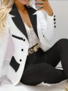 The Newness Milan Patchwork Casual Suit in a chic modern design perfect for spring and fall The image shows a full body view of the suit highlighting the unique patchwork details