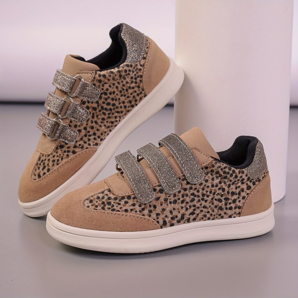 Kids' Sparkle Steps Glittery Animal Print Shoes; stylish, comfortable, and easy-to-wear footwear with hook-and-loop closure.