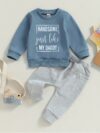 Stylish boys letter print sweatshirt and pants set in grey perfect for spring and fall The comfortable crew neck sweatshirt features a trendy letter print and is paired with matching pants