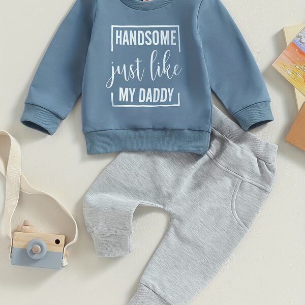 Stylish boys letter print sweatshirt and pants set in grey perfect for spring and fall The comfortable crew neck sweatshirt features a trendy letter print and is paired with matching pants