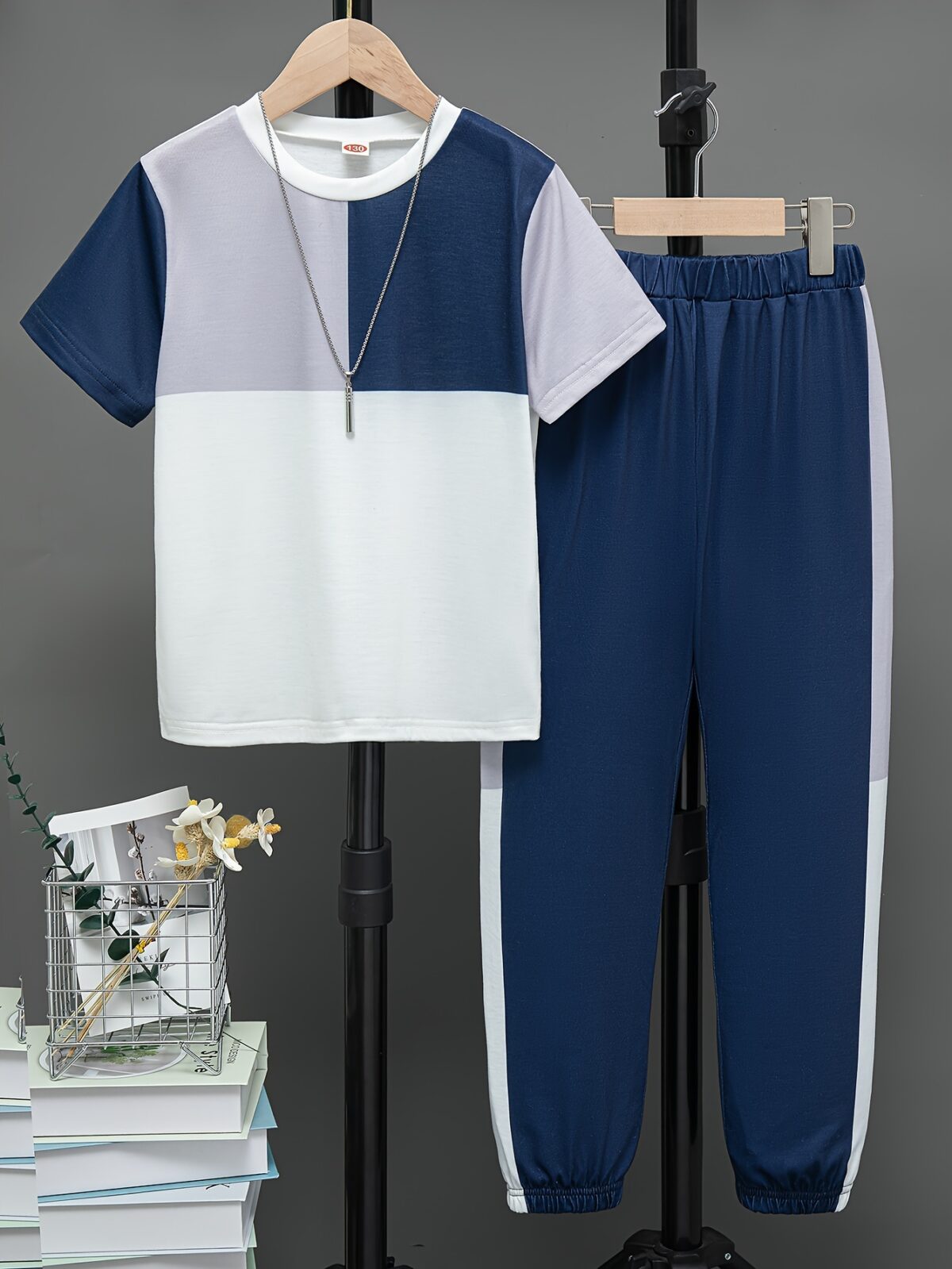 Stylish boys color block clothing set in desert dune tones Comfortable polyester blend perfect for everyday wear and play
