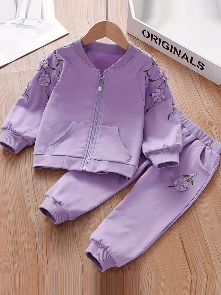 Adorable girls' lilac floral tracksuit, perfect for spring. Features a stylish design and comfortable fit.