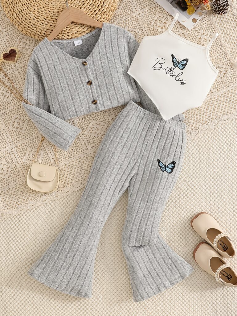 Adorable child's three-piece outfit featuring a whimsical butterfly print. Perfect for everyday wear or special occasions.