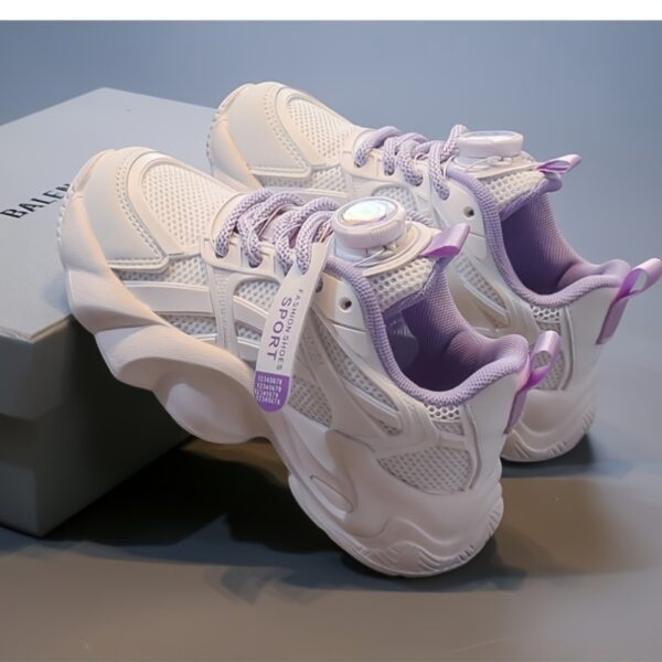 Pastel Petal Girls Sneakers with Rotating Buckle Closure   Trendy pastel pink and white sneakers with a unique rotating buckle perfect for school playdates and sports Breathable comfort and durable rubber sole