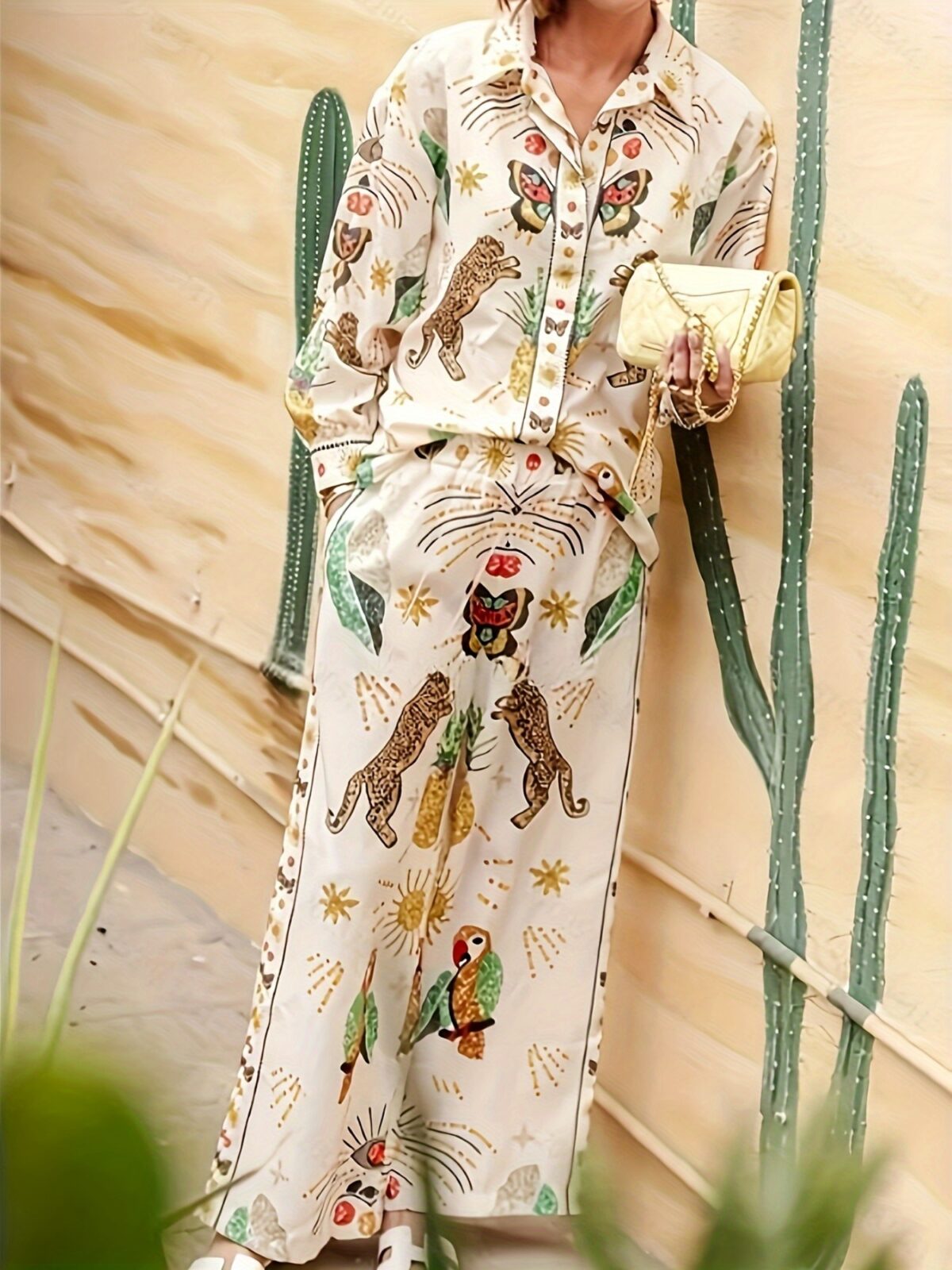 Embrace effortless chic in the Newness Escape to Paradise Tropical Print Pantsuit This vibrant pantsuit perfect for vacations and summer days features a stunning tropical print