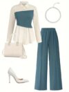 Model wearing the Newness Metropolitan Chic Two Piece Pant Set a stylish and comfortable pant set perfect for the office or everyday wear The set includes a matching top and pants in a versatile color