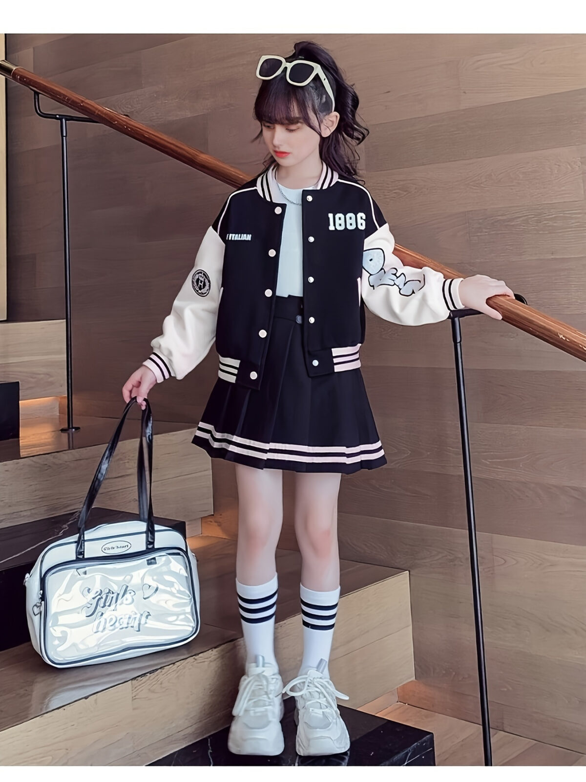 Stylish Newness Girls Varsity Outfit A trendy letter block cardigan and pleated skirt in a sporty chic design