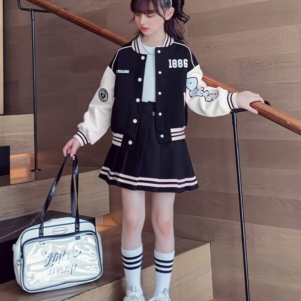 Stylish Newness Girls Varsity Outfit A trendy letter block cardigan and pleated skirt in a sporty chic design