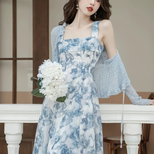 Effortlessly chic Azure Bloom Floral Halter Dress Set perfect for summer soirées and garden parties