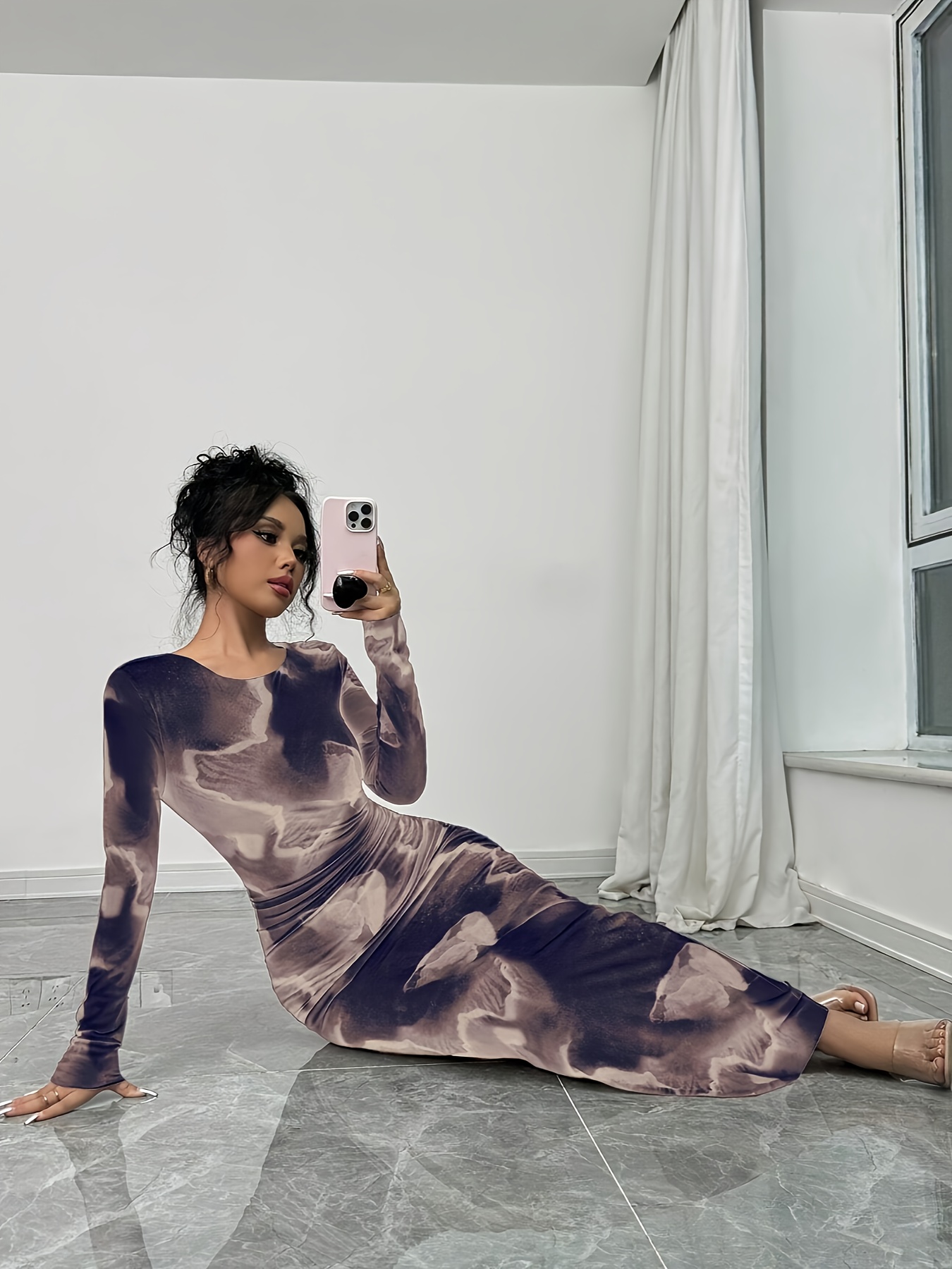 Elegant Gradient Long Sleeve Bodycon Dress for Women - Stretchy Polyester Blend, Round Neck, Form-Fitting Silhouette, Perfect for Spring/Summer, Formal or Casual Occasions, Casual Elegant Dress | Formfitting Dress | Polyester Blend Dress