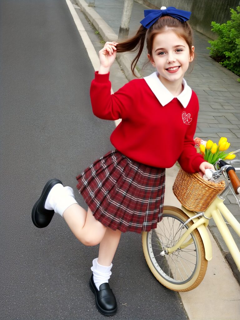 Adorable girls pleated skirt set in a charming heart print, perfect for fall. Features a top and skirt.