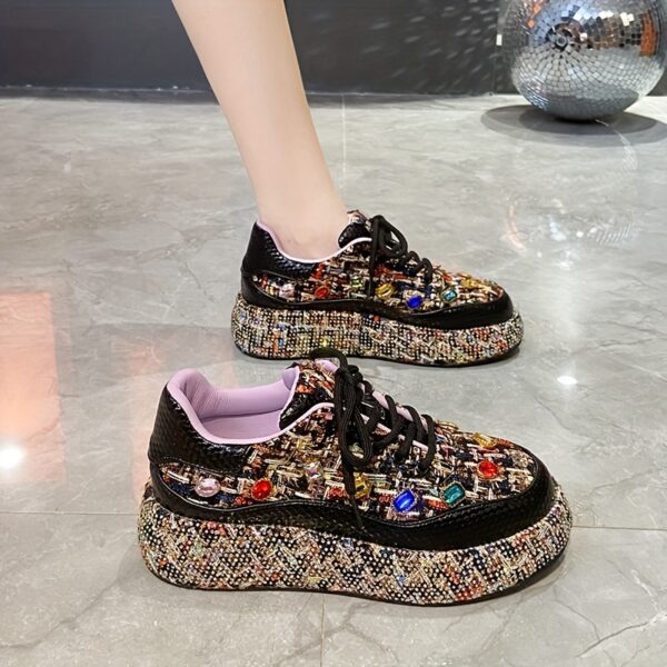 Elevate your style with Newness's Elevated Rhinestone Platform Sneakers. These hand-stitched sneakers feature genuine gemstones and a chic platform sole.