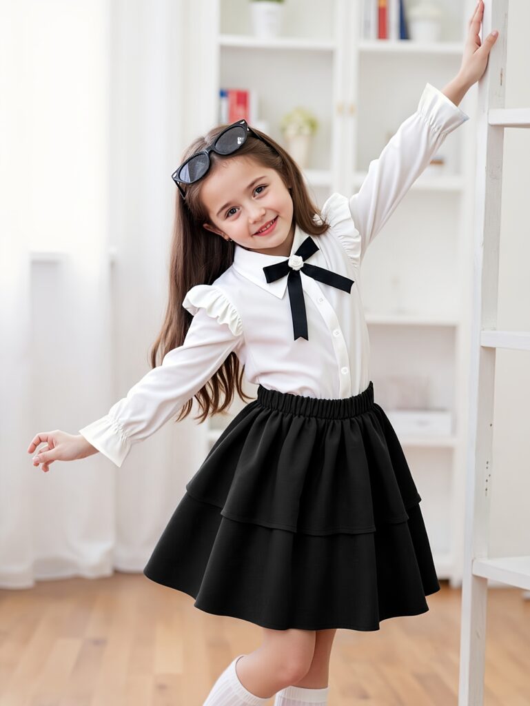 Adorable girl twirling in a stylish Newness ruffle midi skirt; perfect for playtime or special occasions.