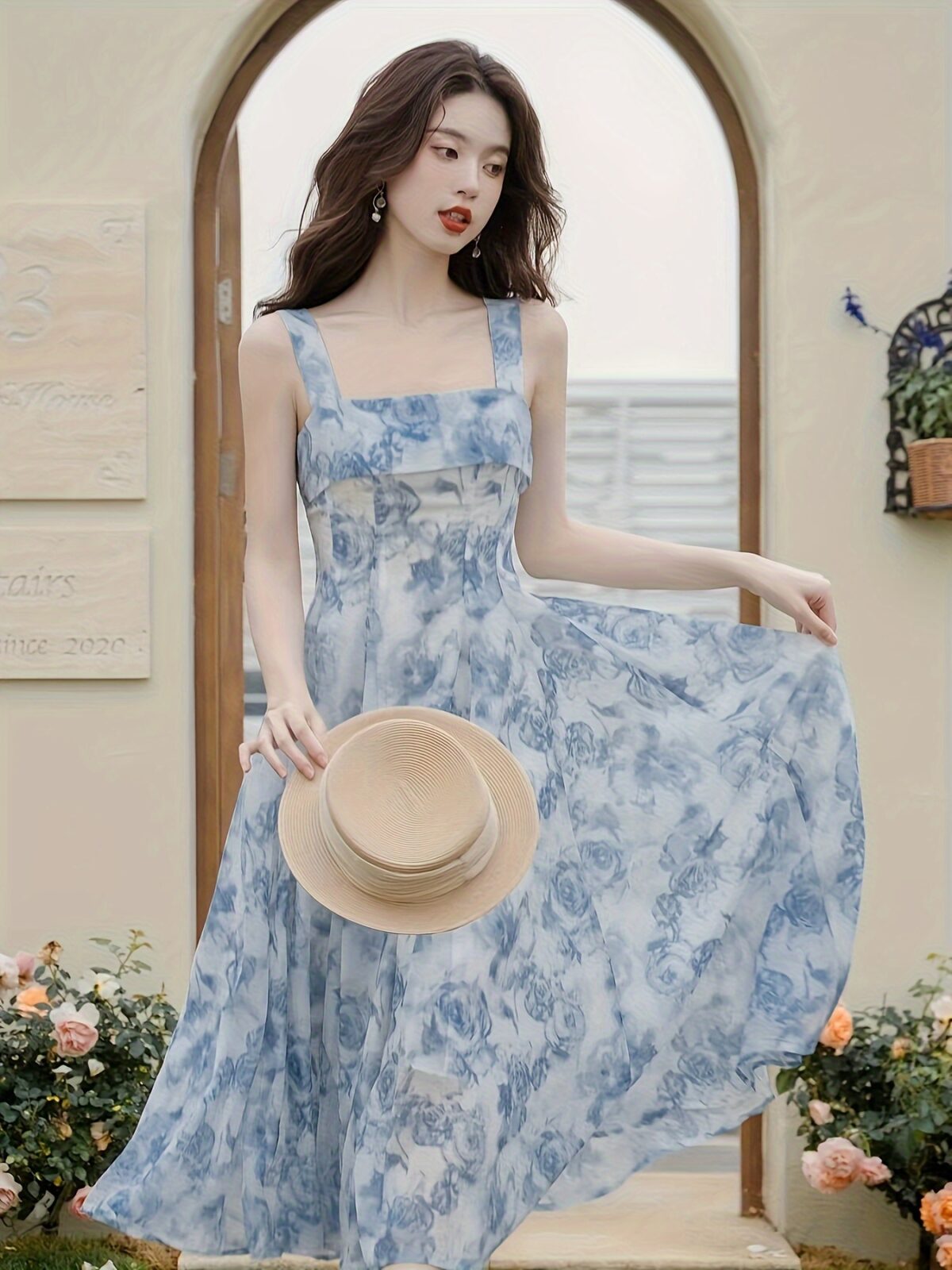 Effortlessly chic Azure Bloom Floral Halter Dress Set perfect for summer soirées and garden parties