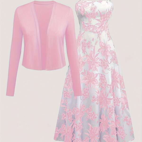 Effortlessly elegant Newness Summer Solstice Floral Print Dress Set. A sophisticated two-piece set featuring a floral print dress and matching accessories, perfect for any occasion.
