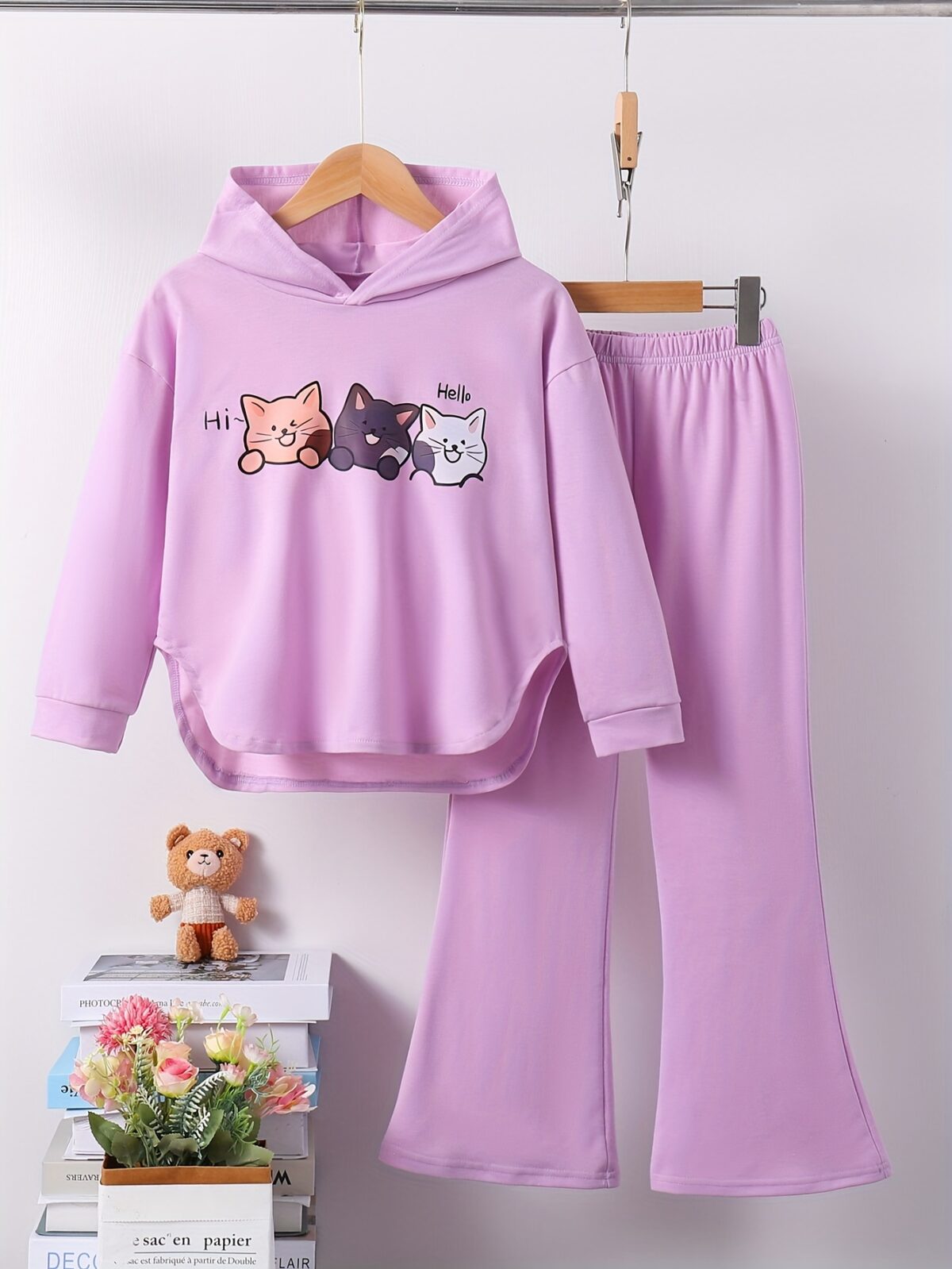 Adorable girls playful cat cartoon hoodie set in French terry knit perfect for spring or fall Features a charming cat design