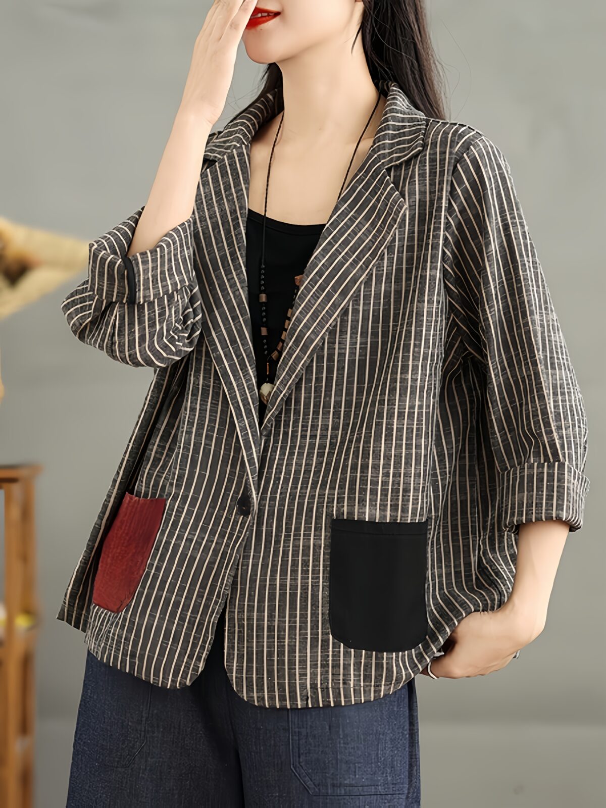 City Chic Striped Blazer Jacket with Color Block Pockets A stylish striped blazer in a relaxed fit perfect for spring and fall featuring trendy color block pockets