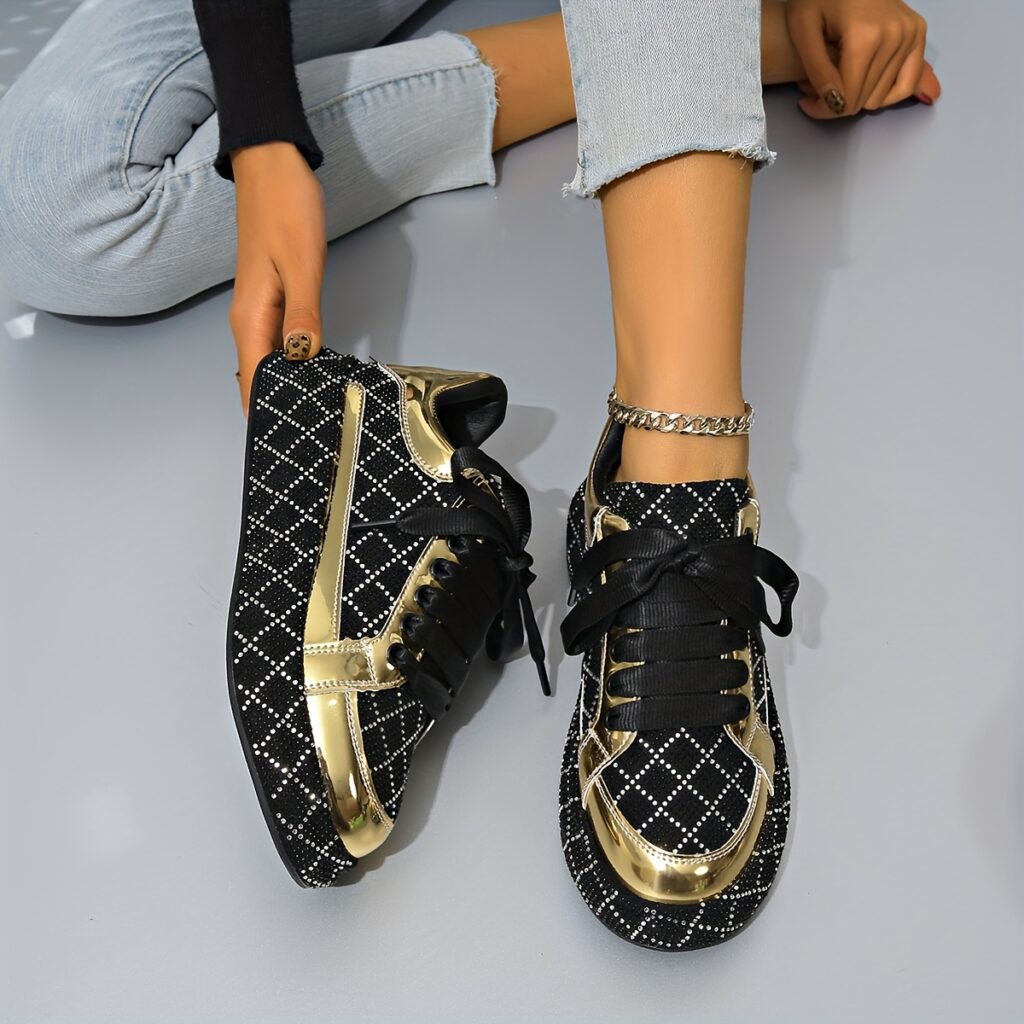 Newness Nova Sparkle Rhinestone Platform Sneakers in white, showcasing the dazzling rhinestone detailing and chunky platform sole. The sneakers are styled on a model's feet, emphasizing their comfort and chic design.