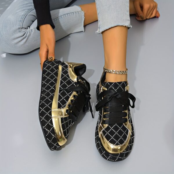 Newness Nova Sparkle Rhinestone Platform Sneakers in white showcasing the dazzling rhinestone detailing and chunky platform sole The sneakers are styled on a models feet emphasizing their comfort and chic design