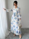 Effortlessly elegant Azure Bloom floral print maxi dress perfect for spring and autumn Features a chic print and flattering silhouette