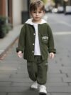 Stylish boys fleece set in trendy alphabet print featuring a hooded jacket and comfortable long pants perfect for keeping warm during outdoor play