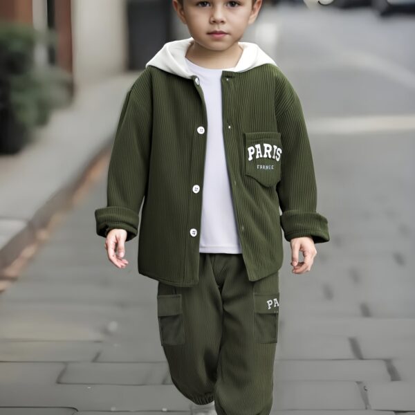 Stylish boys fleece set in trendy alphabet print featuring a hooded jacket and comfortable long pants perfect for keeping warm during outdoor play
