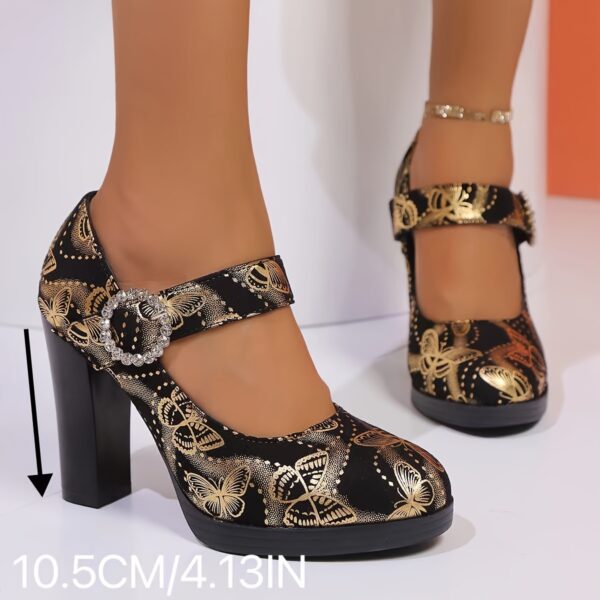 Elegant black and gold slip on pumps with floral pattern and rhinestone buckle strap