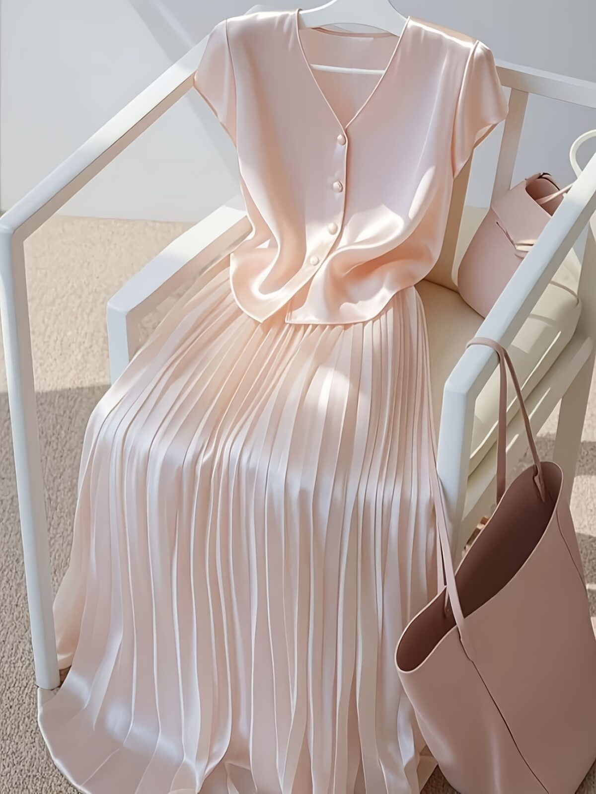 Flatlay of the Newness Bisous Rosé pink pleated midi set showcasing the skirt and top separately and together The set is a beautiful shade of pink and features delicate pleats
