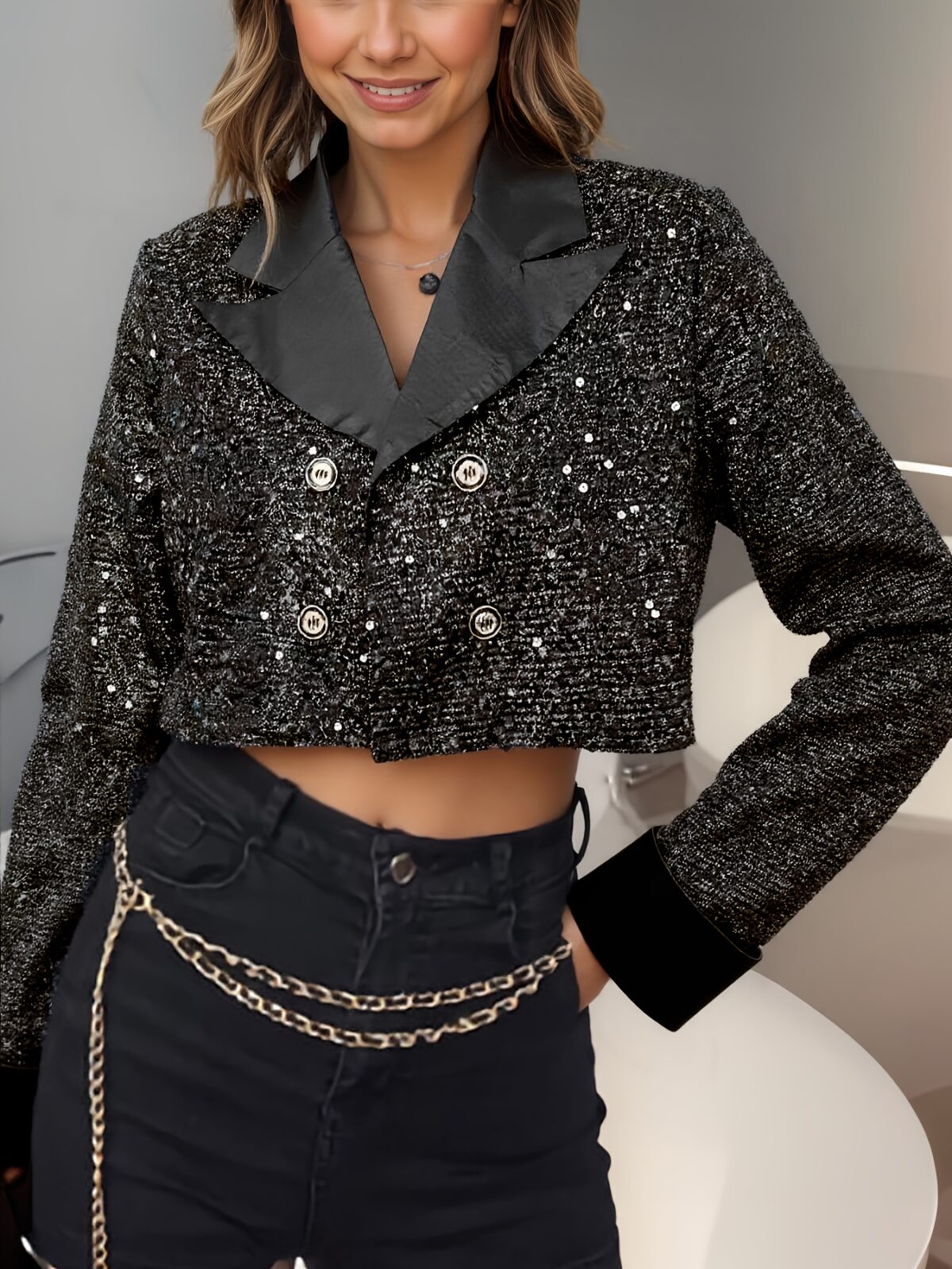 City Chic Womens Sequin Cropped Blazer in dazzling sequin satin double breasted design Perfect for spring autumn or winter