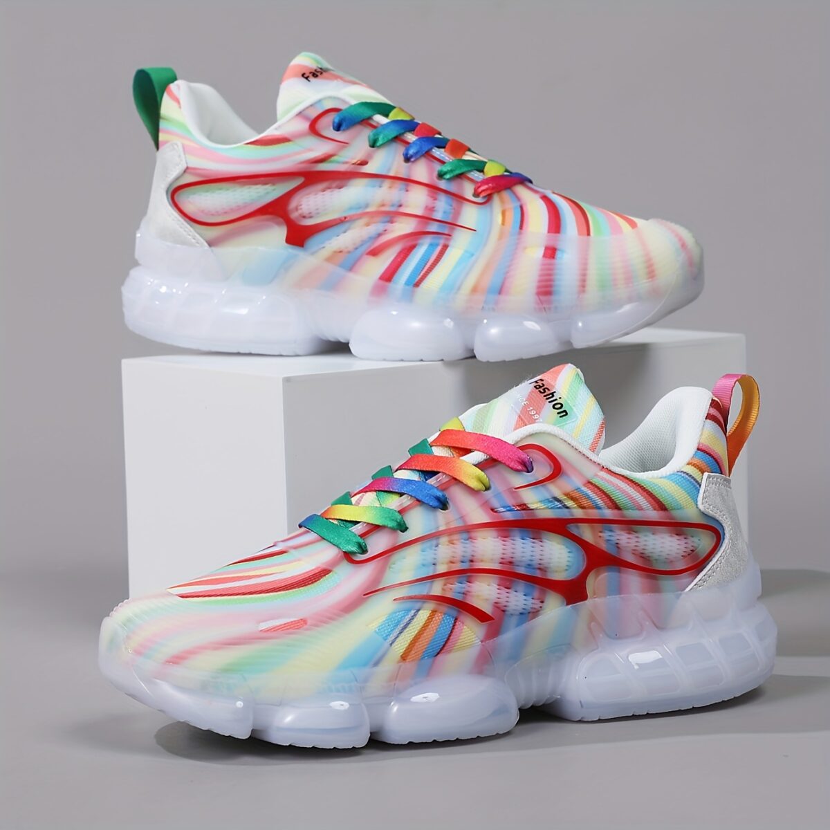 Newness Prism Rainbow Stripe Sneakers A vibrant pair of rainbow striped sneakers showcasing breathable comfort and stylish design perfect for all day wear