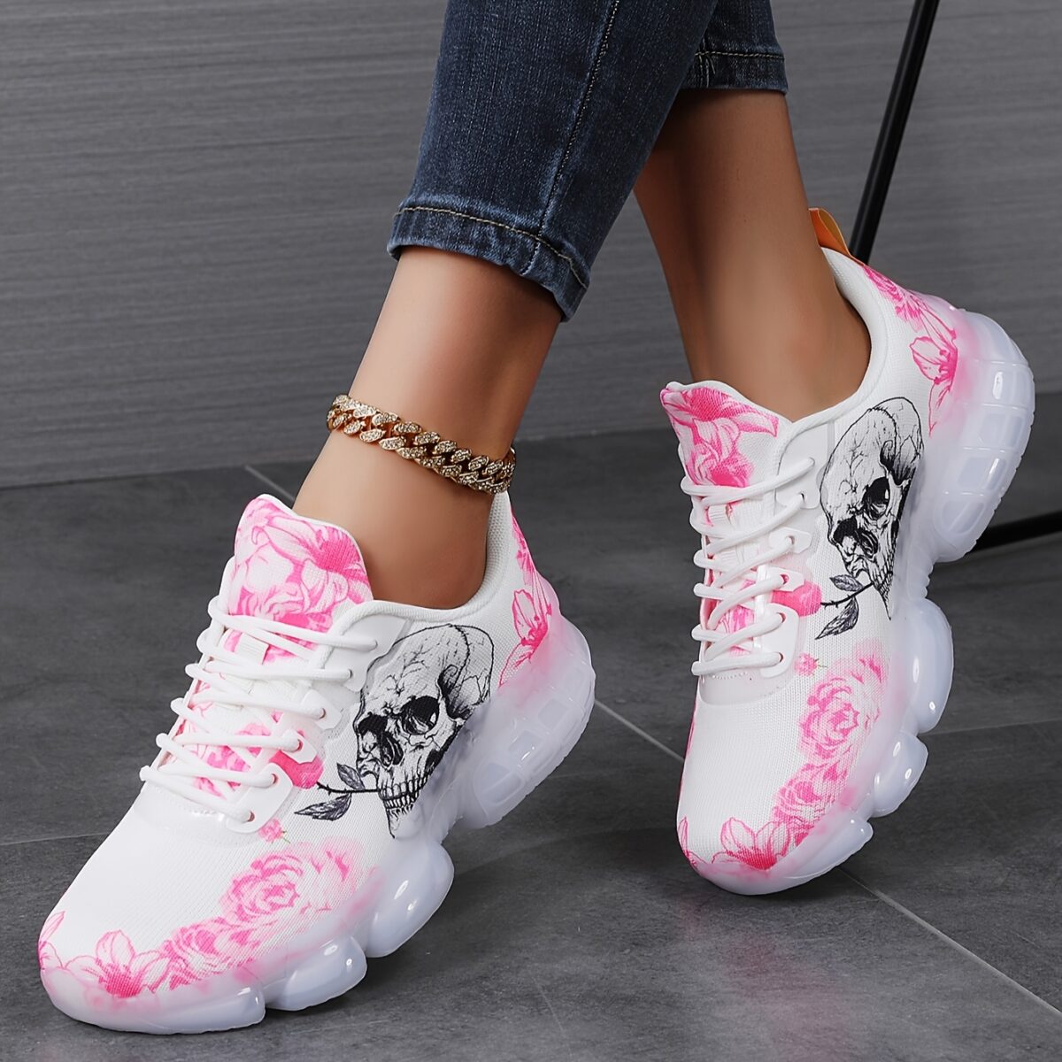 Newness Dark Bloom Skull Print Sneakers Edgy chic sneakers with a skull print perfect for elevating any look